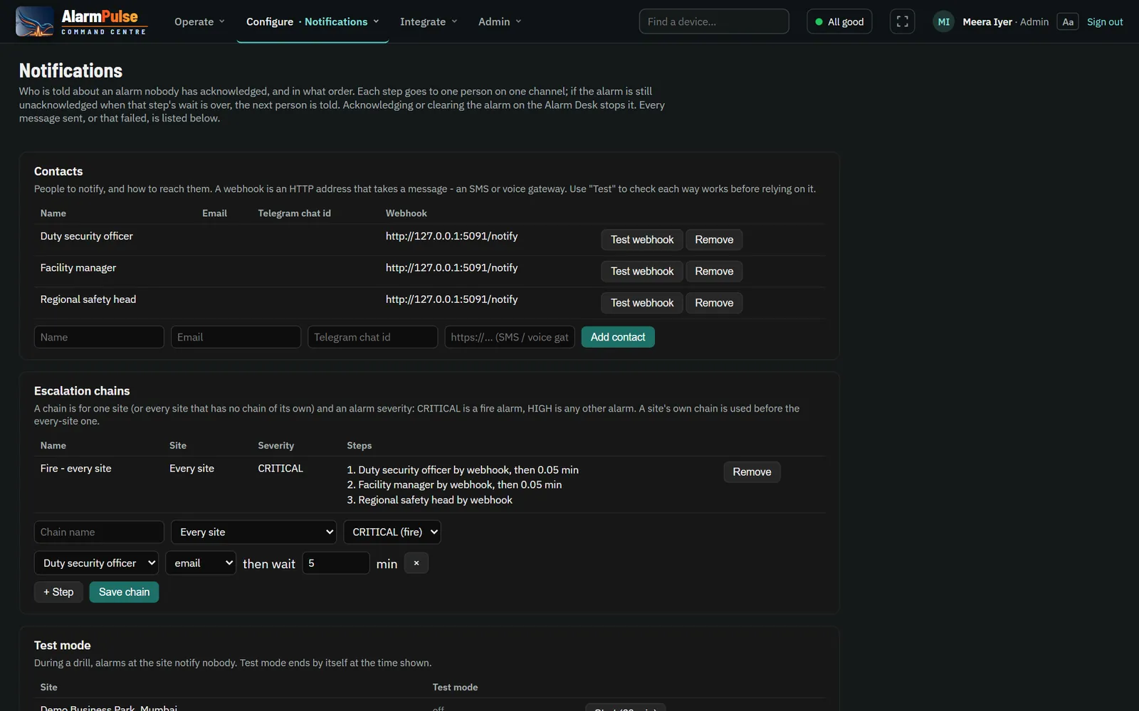 Notifications: contacts and escalation chains