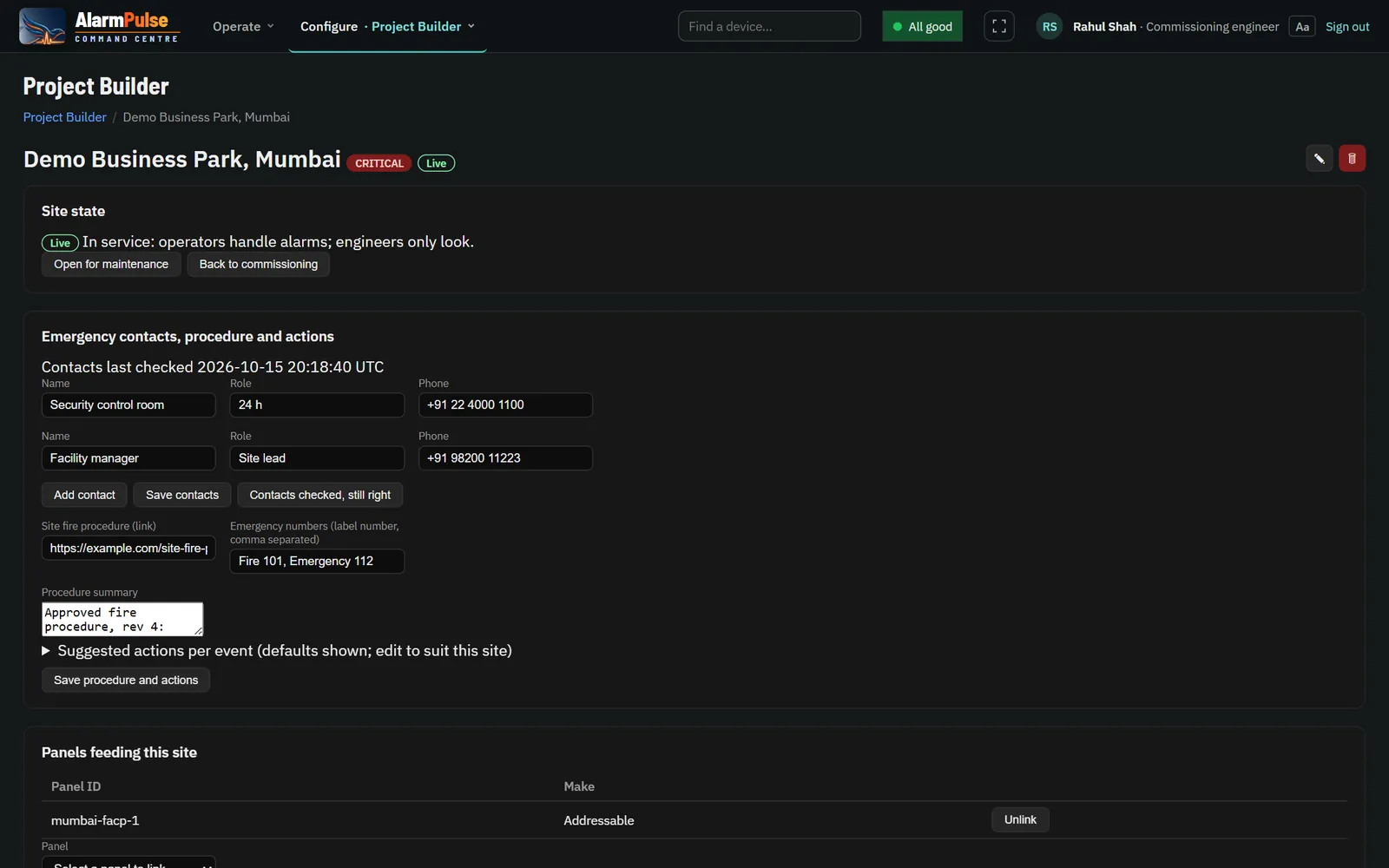 Site page with state, contacts and procedure