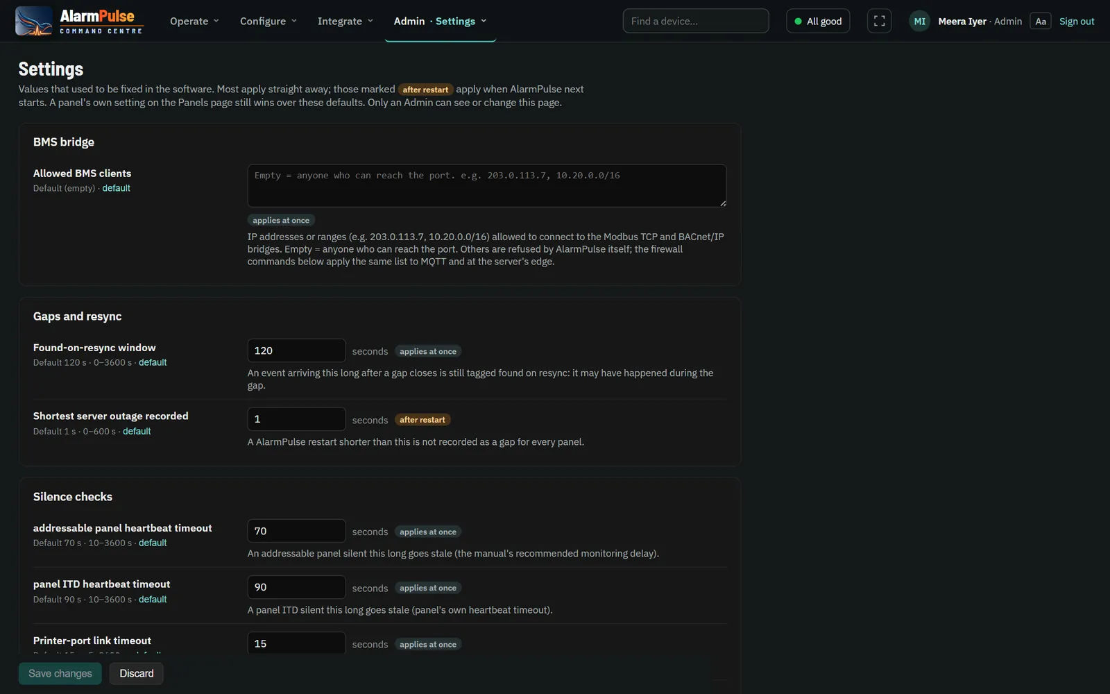 Settings page